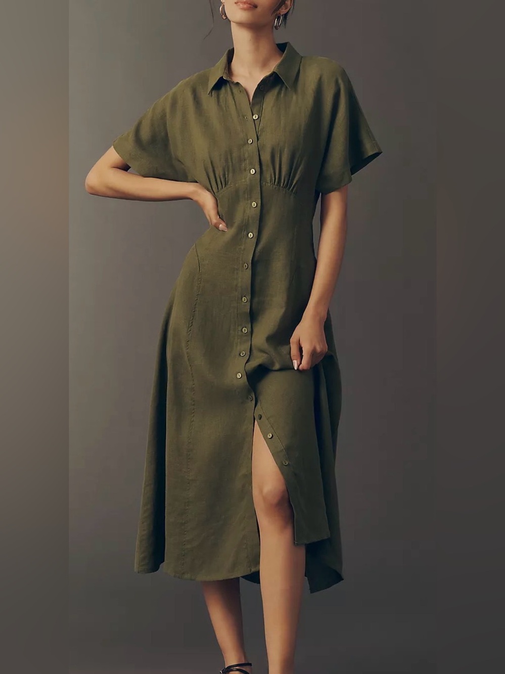 Exquise Raina Linen Short-Sleeve Midi Dress
